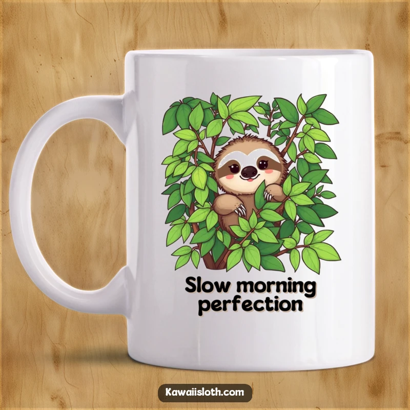 Funny mug showing a sloth peeking from behind abundant green foliage with a subtle smile, perfect for slow living.