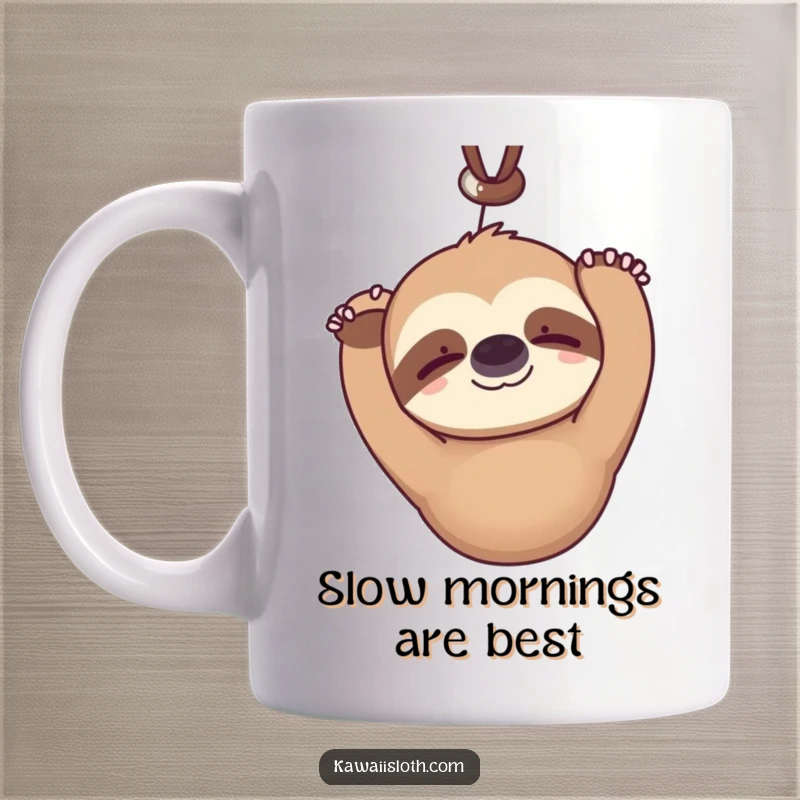 Funny kawaii sloth mug hanging upside down serenely blinking with a faint smile, showcasing a cute and humorous character for relaxation.