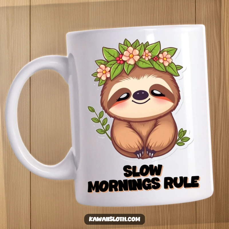 Funny sloth mug featuring a sloth wearing a leafy crown with a peaceful expression, embodying slow living and natural royalty.