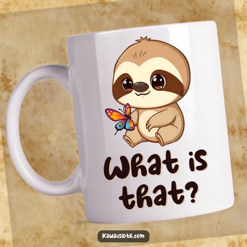 Funny mug depicts a sloth with wide, curious eyes intently observing a vibrant, colorful butterfly nearby.