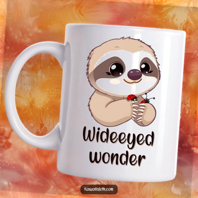 Funny mug showing a sloth with wide, innocent eyes observing a tiny ladybug on its paw, a scene of delicate curiosity.