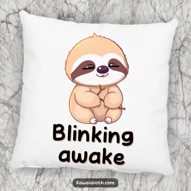 Funny sloth pillow, sloth with twigs in fur, slowly blinking in sunlight, humorous decor, perfect funny gift.