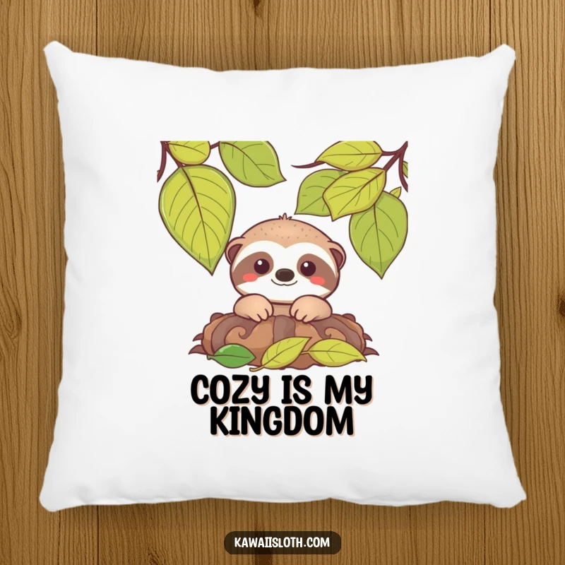 Funny decorative pillow featuring a smiling sloth peeking from a pile of leaves, adding gentle humor to any room.