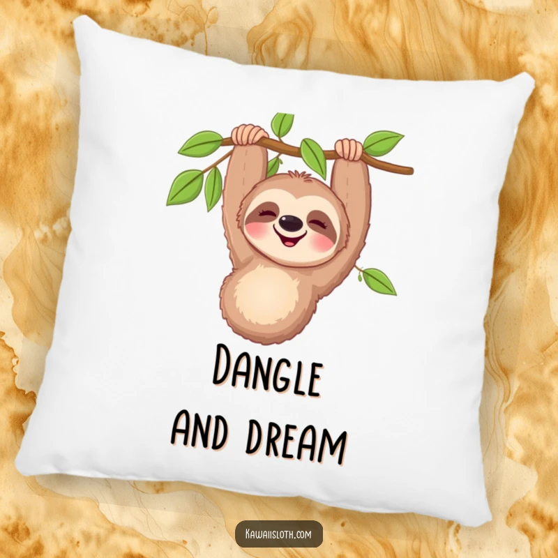 Funny happy sloth pillow featuring a smiling sloth hanging from a branch, offering soft comfort and comical delight.