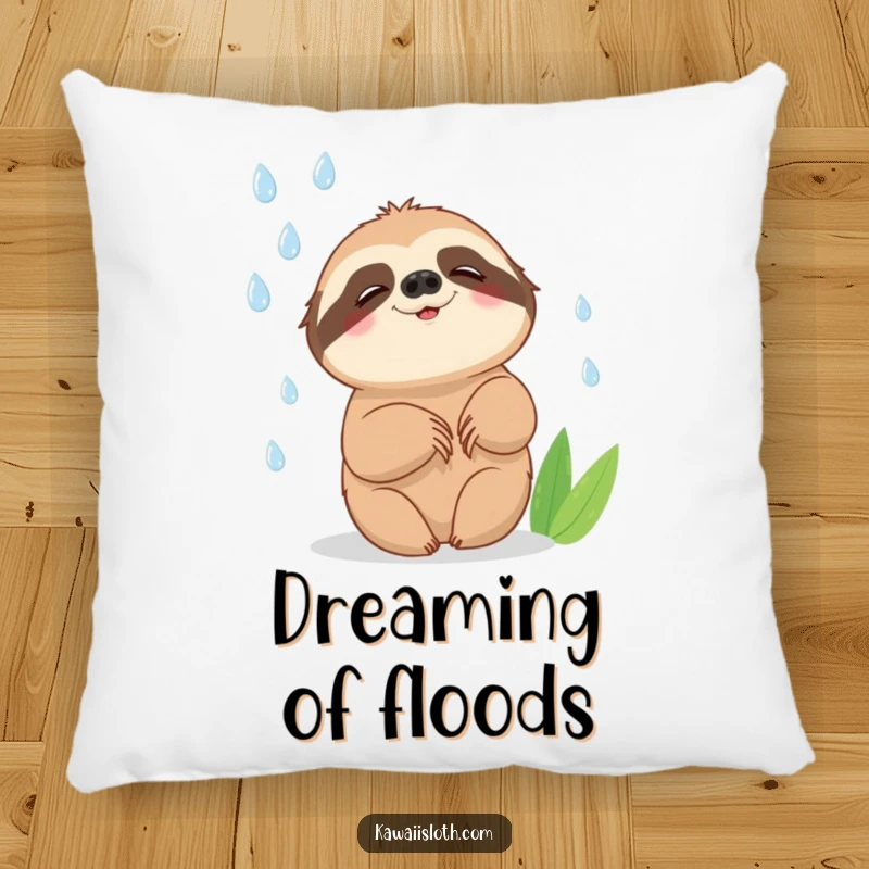 Funny pillow with a sloth attempting to catch falling raindrops with a slow, happy smile, offering comfort and a humorous, joyful vibe.