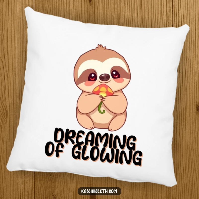 Funny Pillow showcasing a sloth holding a small, glowing mushroom with an expression of pure wonder and humorous delight.