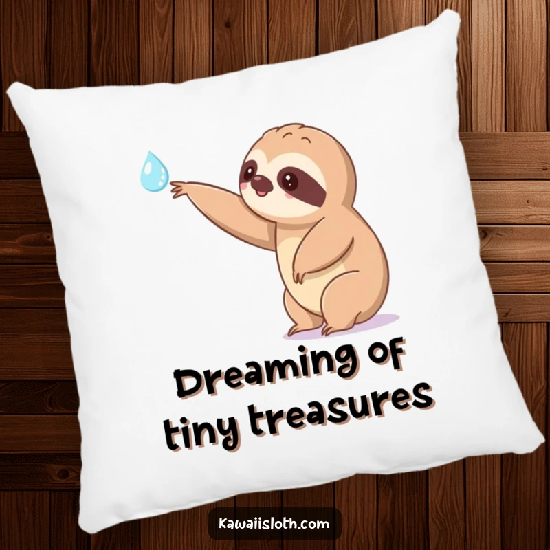 Funny kawaii sloth pillow extending a slow arm towards a shimmering dewdrop, showing a cute and humorous character for soft, inspiring decor.