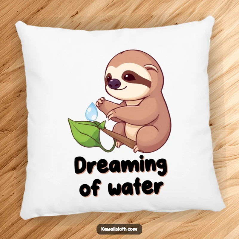 Funny pillow featuring a sloth cautiously reaching for a dewdrop on a leaf, designed for comfort and adding a humorous, nature-inspired touch.