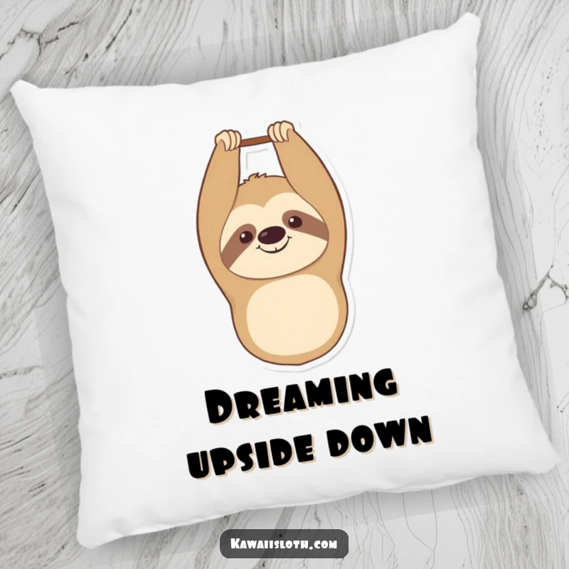 Funny pillow with a smiling sloth hanging upside down, offering comfort and a humorous, contented vibe for relaxation.