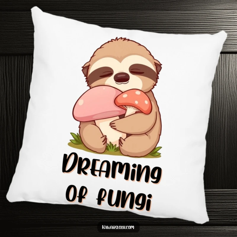 Funny content sloth pillow featuring a sloth hugging a mushroom with closed eyes, offering soft comfort and comical peace.