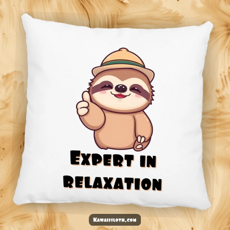 Funny throw pillow featuring a lazy sloth in a miniature hat, giving a relaxed thumbs up, ideal for adding humor to decor.
