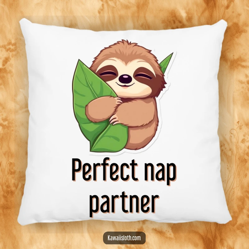 Funny pillow featuring a sloth with wide, sleepy eyes, hugging a giant leaf, perfect for expressing comfort and sleepiness.