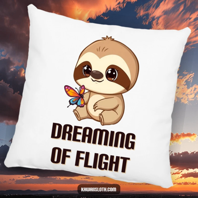 Funny pillow featuring a curious sloth with big eyes looking at a butterfly, ideal for adding comfort and charm.