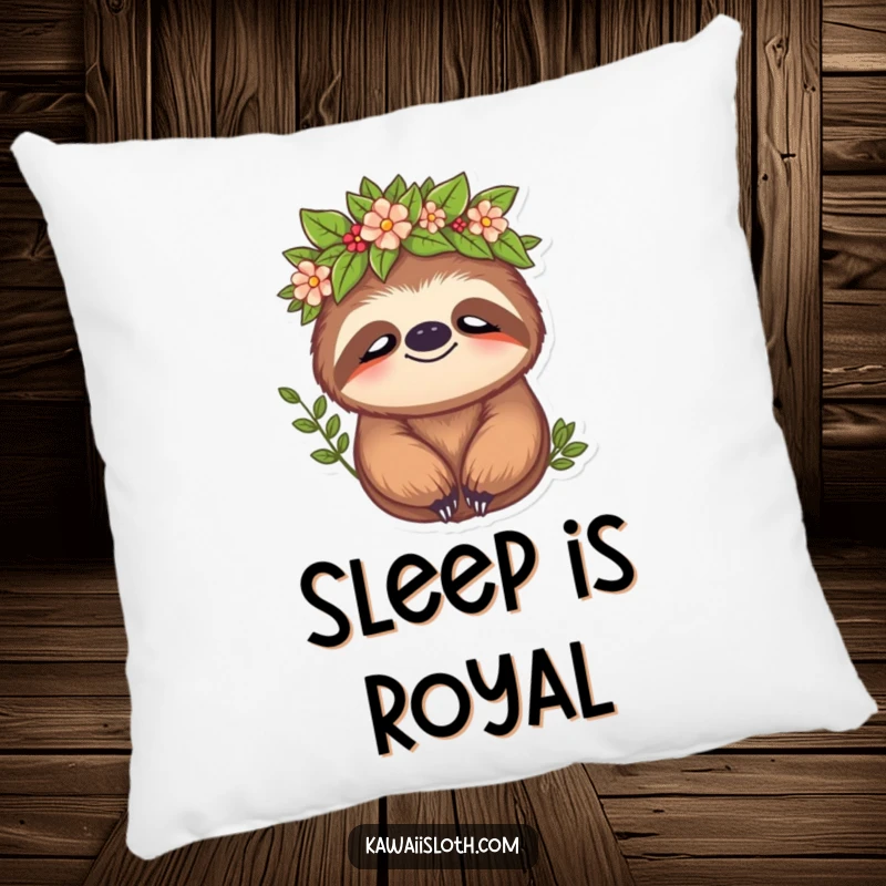 Funny sloth pillow with a depiction of a sloth wearing a leafy crown and a peaceful expression, embodying calm and nature's embrace.