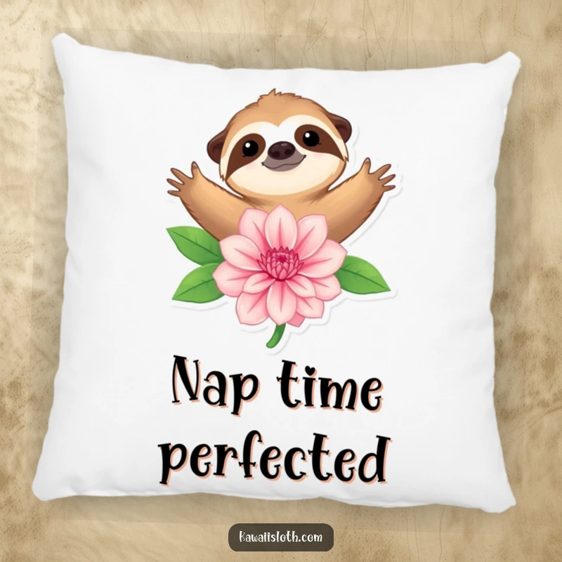 Funny pillow featuring a sloth with open arms, gently embracing a large flower, offering soft, tranquil comfort.