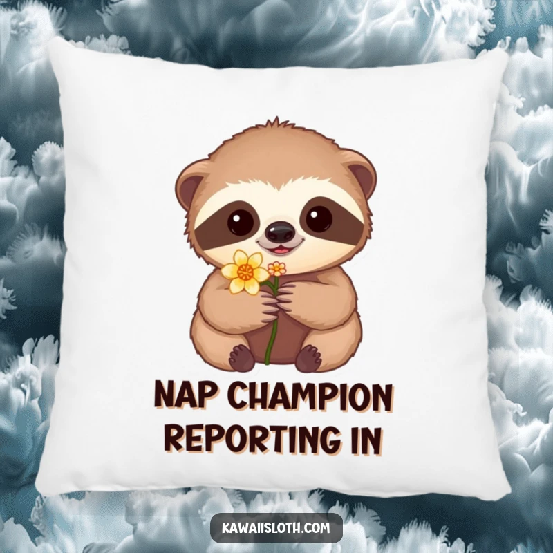 Funny pillow featuring a gentle sloth meticulously holding a tiny flower, offering a soft and humorous decorative touch.