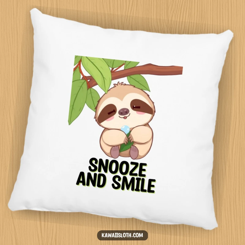 Funny sloth pillow, tiny smile sloth enjoying a dewdrop on a leaf, humorous decor, perfect funny gift.