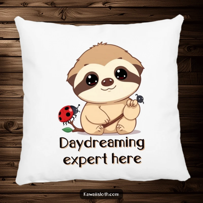 Funny pillow featuring a sloth with wide, dreamy eyes watching a ladybug, designed for comfort and adding a humorous, whimsical touch.