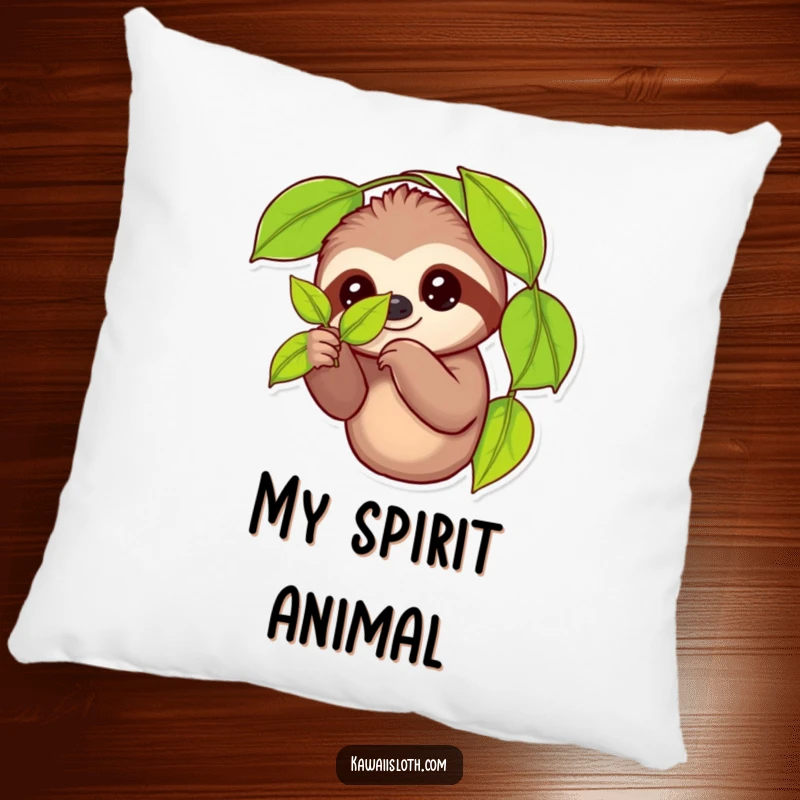 Funny pillow with a plush sloth character playfully holding a vibrant leaf, offering comfort and humorous decoration for any living space.