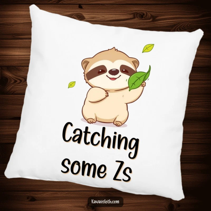 Funny sloth pillow, cute sloth with a slow grin, trying to catch a falling leaf, humorous decor, perfect funny gift.