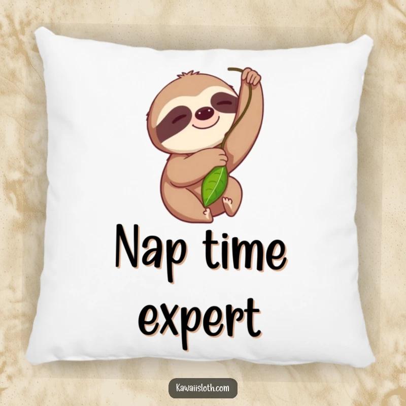 Funny pillow featuring a smiling sloth with its arm extended towards a leaf, offering comfort and humor.