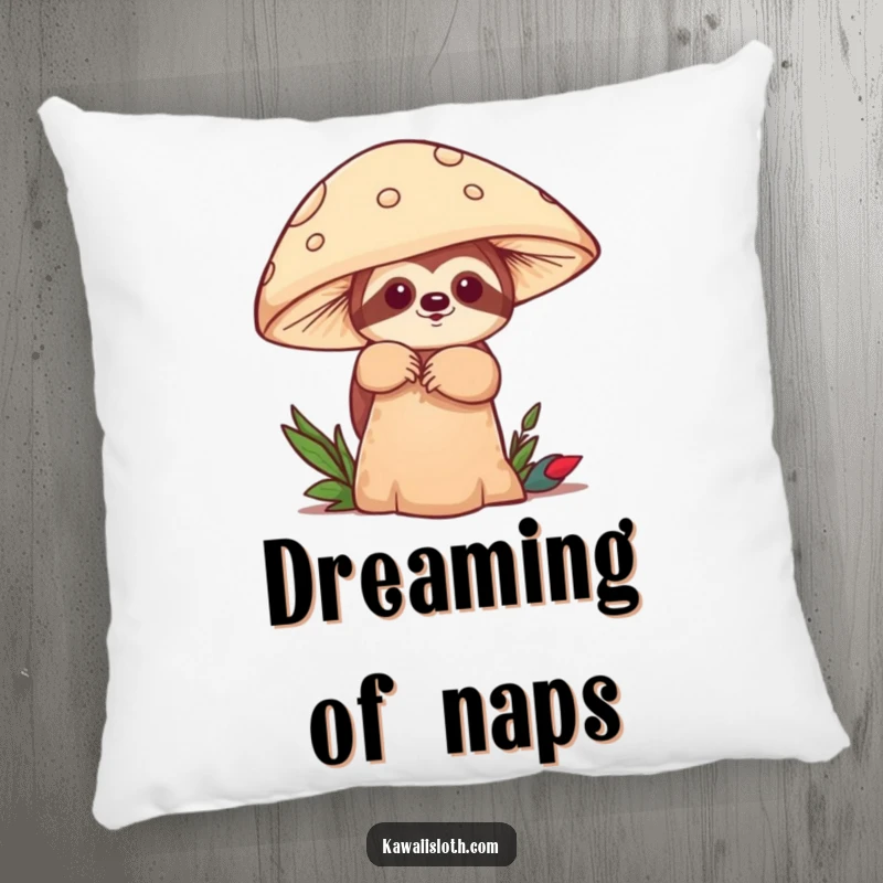 Funny pillow featuring a sloth playfully peeking from behind a mushroom, adding cozy, humorous charm to any space. A great gift.