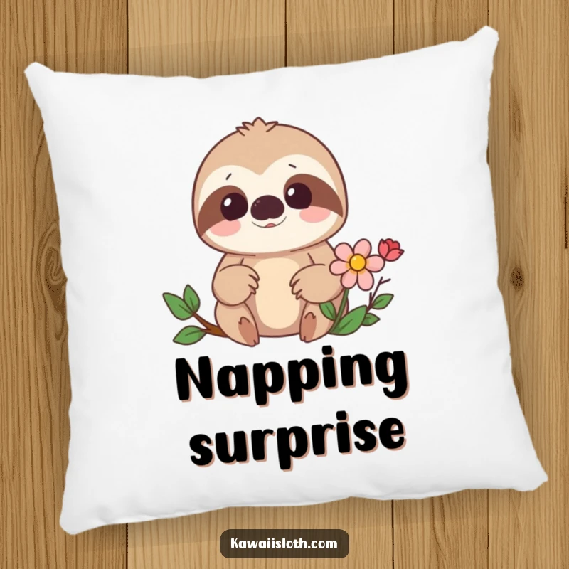 Funny pillow showcasing a surprised sloth finding a hidden flower, adding comforting humor and charm to any room. A great gift.