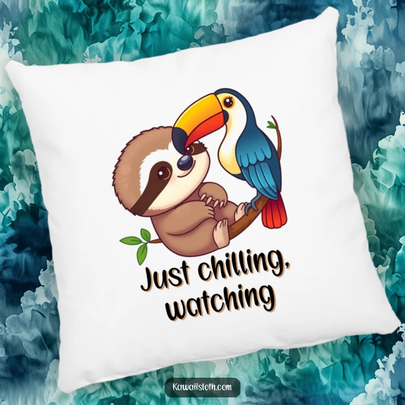 Funny sloth curiously observing a colorful toucan on a throw pillow, adding a touch of whimsical humor and comfort.