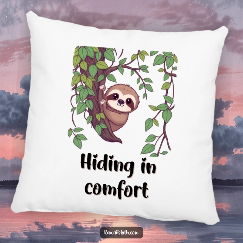 Funny shy sloth pillow, sloth peeking from vines with a gentle gaze, humorous decor, perfect funny gift.