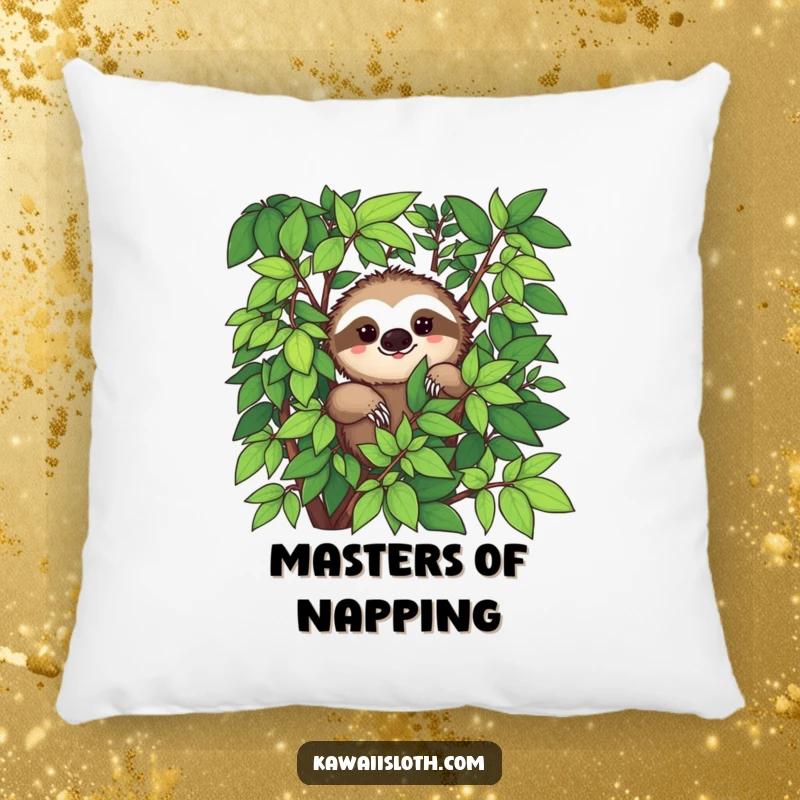Funny pillow featuring a sloth peeking from abundant green foliage with a subtle smile, a soft and calming decor item.