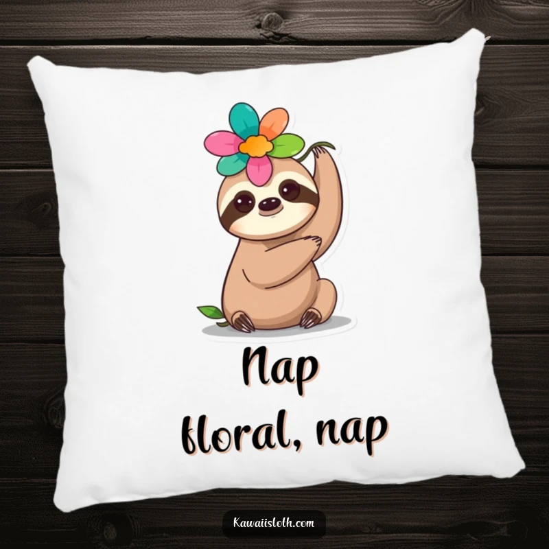 Funny flower sloth pillow, a soft cushion featuring a sloth balancing a flower on its head, adding serene humor.