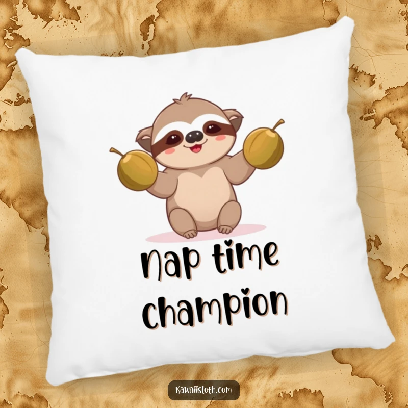 Funny sloth pillow, comically juggling coconuts, embodying slow effort, a comfortable and funny gift.