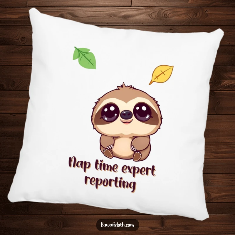 Funny pillow featuring a sloth with soft, large eyes watching a leaf fall, adding a touch of gentle, humorous comfort.