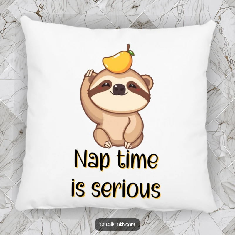 Funny pillow featuring a sloth humorously trying to balance a small piece of fruit on its head, adding comfort and laughs.