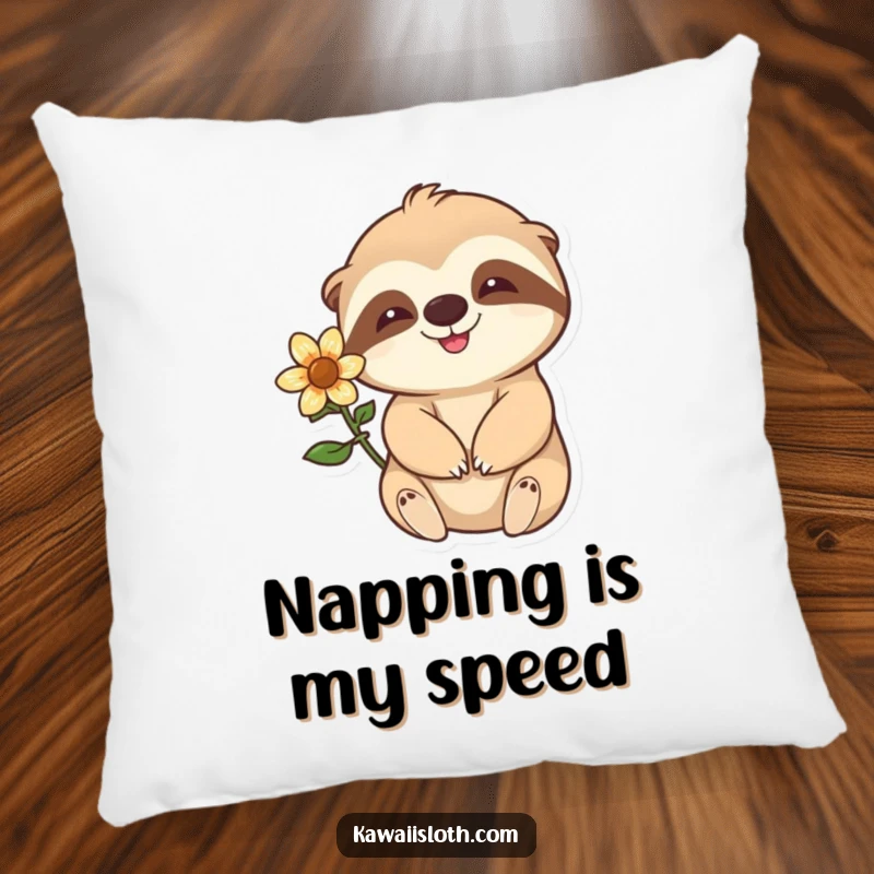 Funny happy sloth with a flower behind its ear waving slowly on a soft pillow, adding a cozy and calming element to furniture.