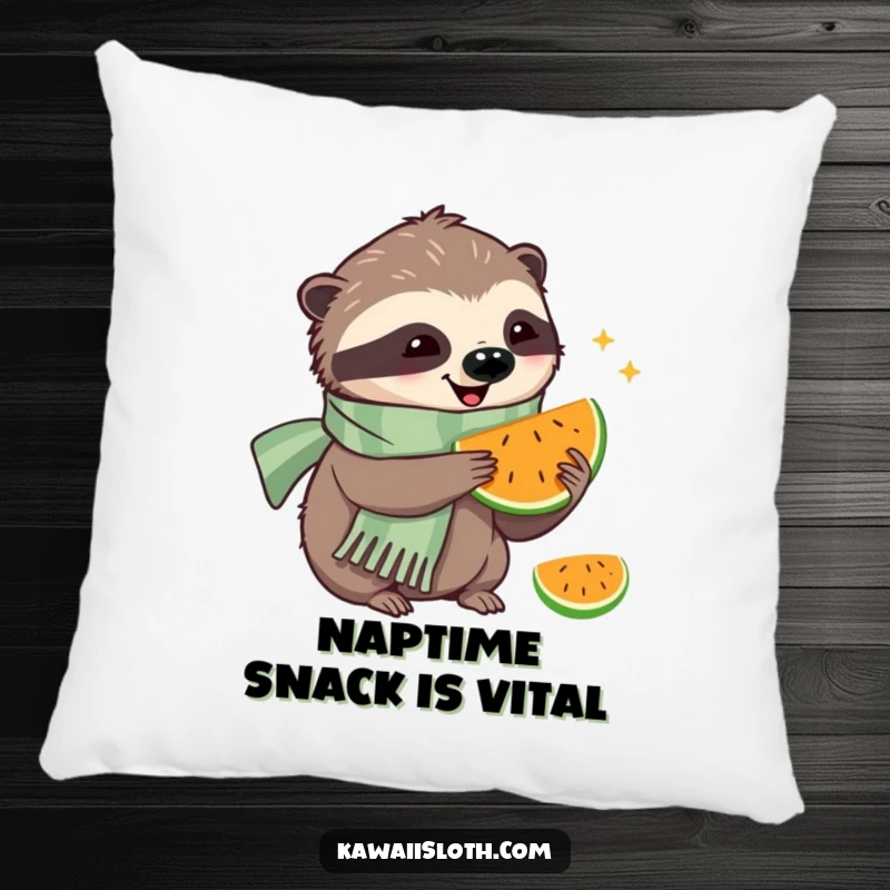 Funny decorative pillow featuring a happy sloth in a scarf eating fruit, adding cozy humor to any seating area.