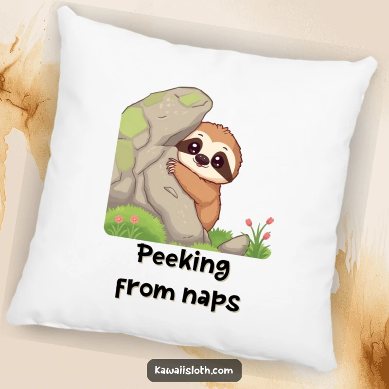 Funny curious sloth pillow featuring a sloth peeking from behind a mossy rock, offering plush comfort and comical intrigue.