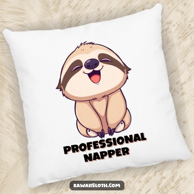 Funny pillow featuring a sloth playfully yawning, showing a hint of a smile, offering soft, tranquil comfort and humor.