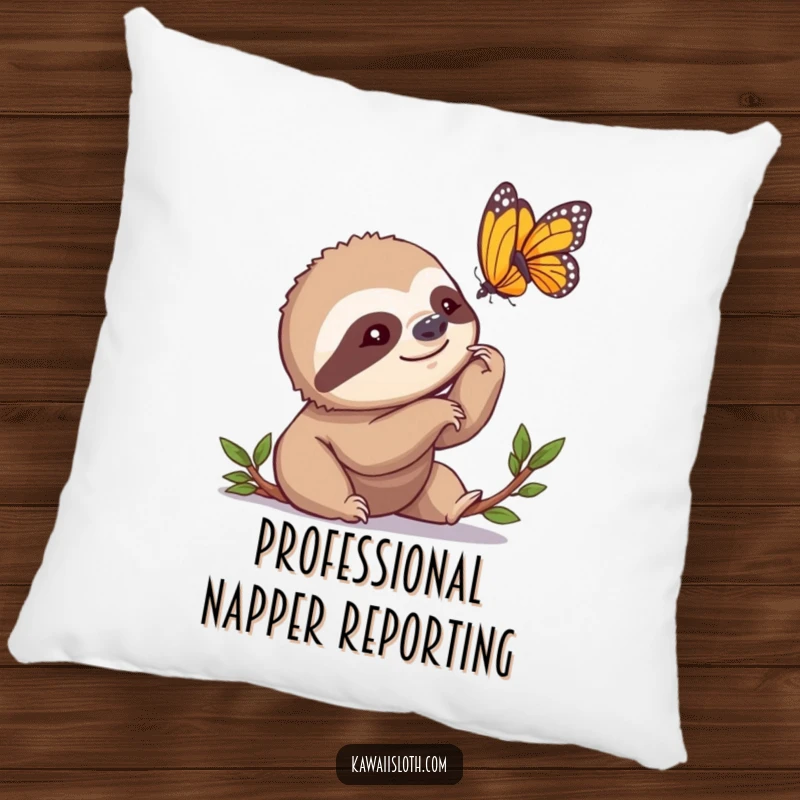 Funny Pillow depicting a sloth slowly nodding its head, captivated by a butterfly, offering comfort and a touch of humor.