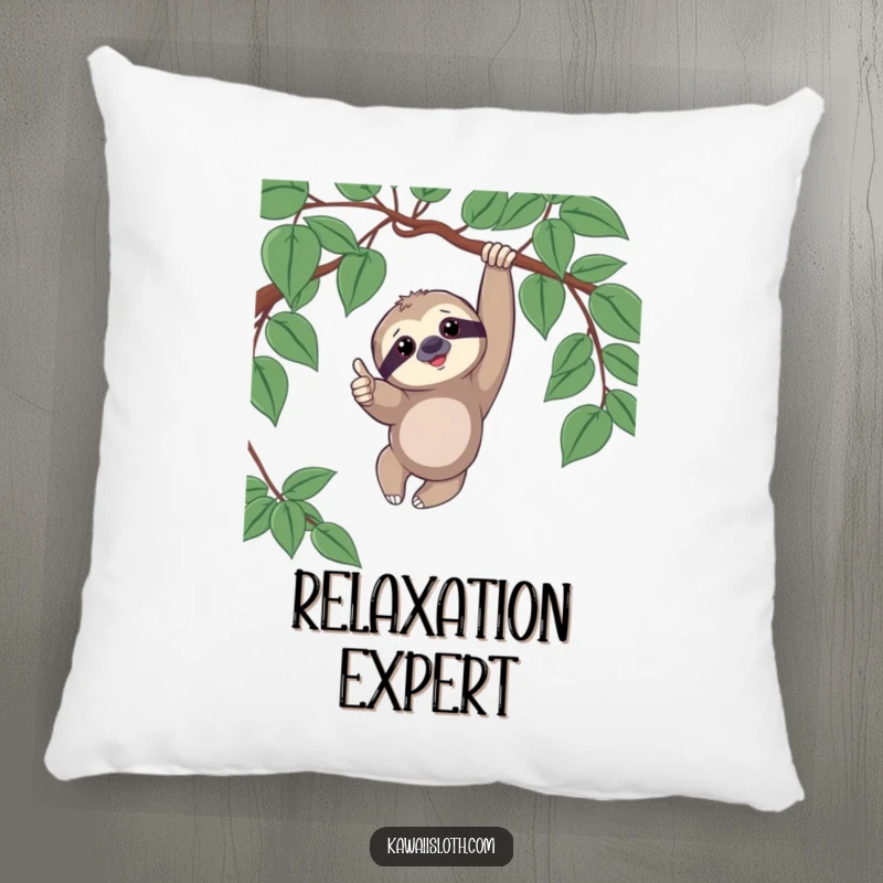 Funny pillow featuring a sloth playfully dangling from a vine, giving a thumbs up with a relaxed and happy demeanor.