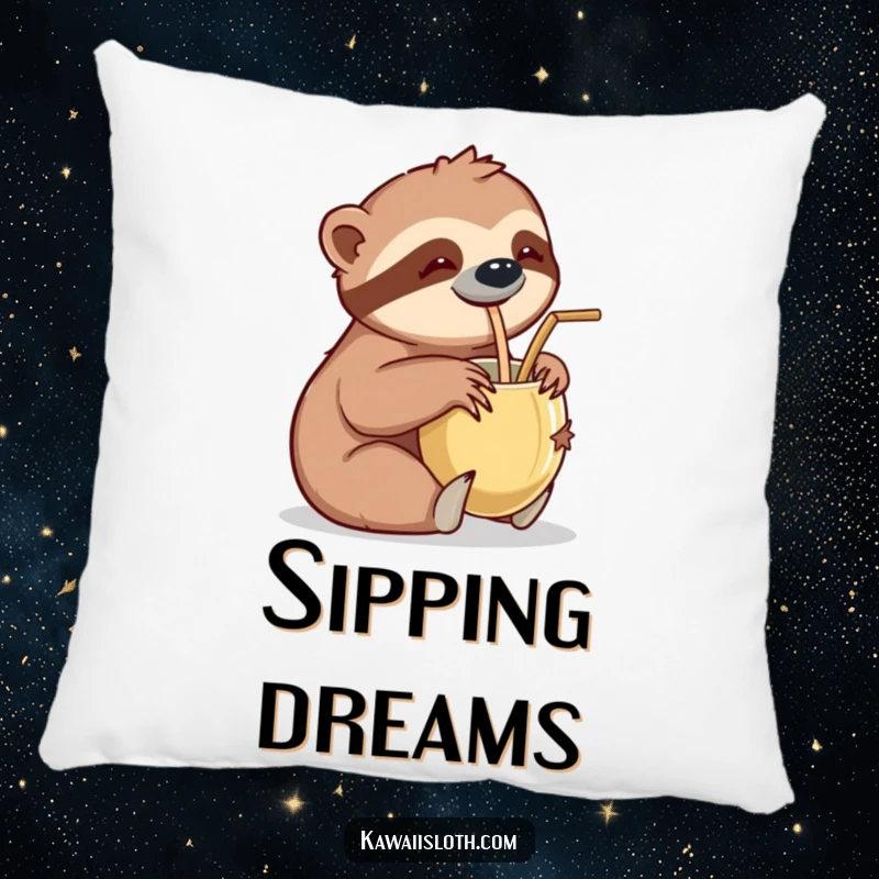 Funny pillow featuring a sloth leisurely sipping from a coconut cup with a straw, perfect for adding tropical humor to any room.