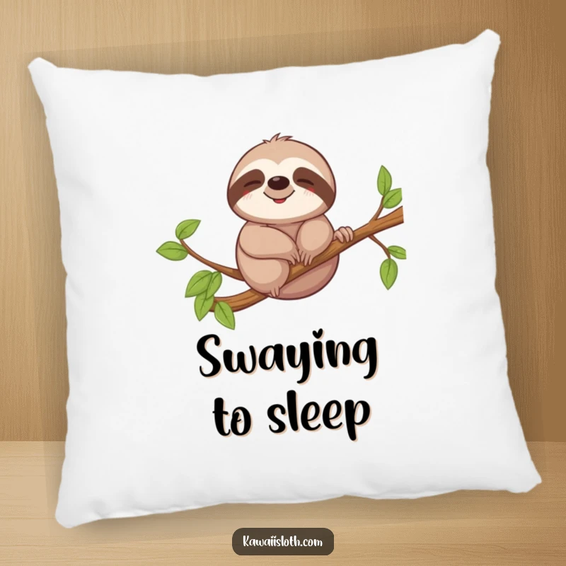 Funny pillow featuring a sloth with a relaxed smile, gently swaying on a branch, perfect for adding cozy humor to any room.