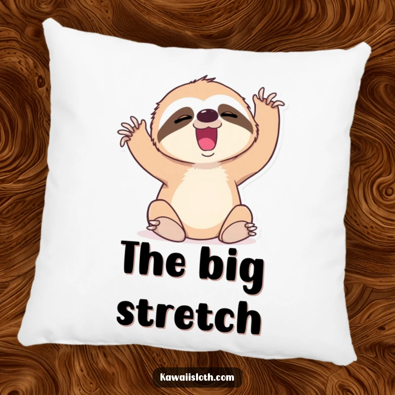 Funny pillow with a sloth yawning and stretching its limbs, providing comfort and humorous relatability.