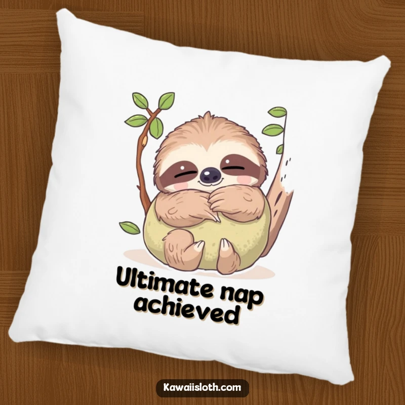 Funny pillow designed with a sloth with dreamy eyes, hugging a soft mossy pillow, perfect for adding comfort and humor to any space.