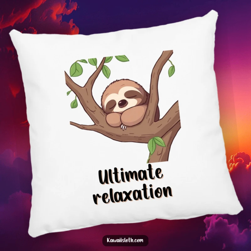 Funny pillow featuring a contented sloth napping peacefully on a tree branch, a soft and humorous decorative item.