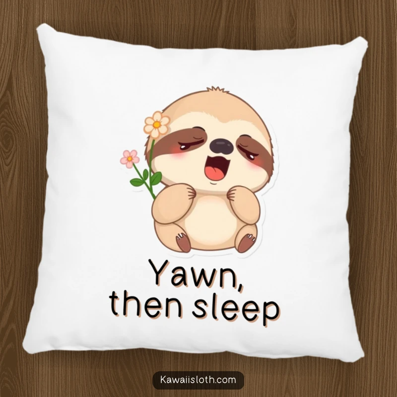 Funny sleepy sloth pillow featuring a yawning sloth with a flower, offering soft comfort and comical restfulness.