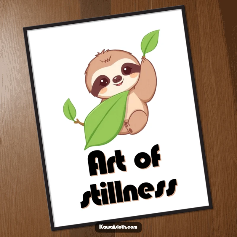 Funny digital art print of a cute sloth slowly reaching for a leaf, offering instant humorous decor and a relaxed vibe.