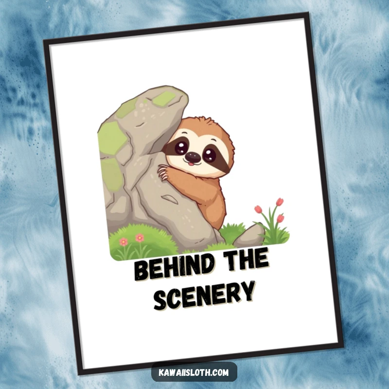 Funny curious sloth digital art print featuring a sloth peeking from behind a mossy rock, offering instant comical observation.