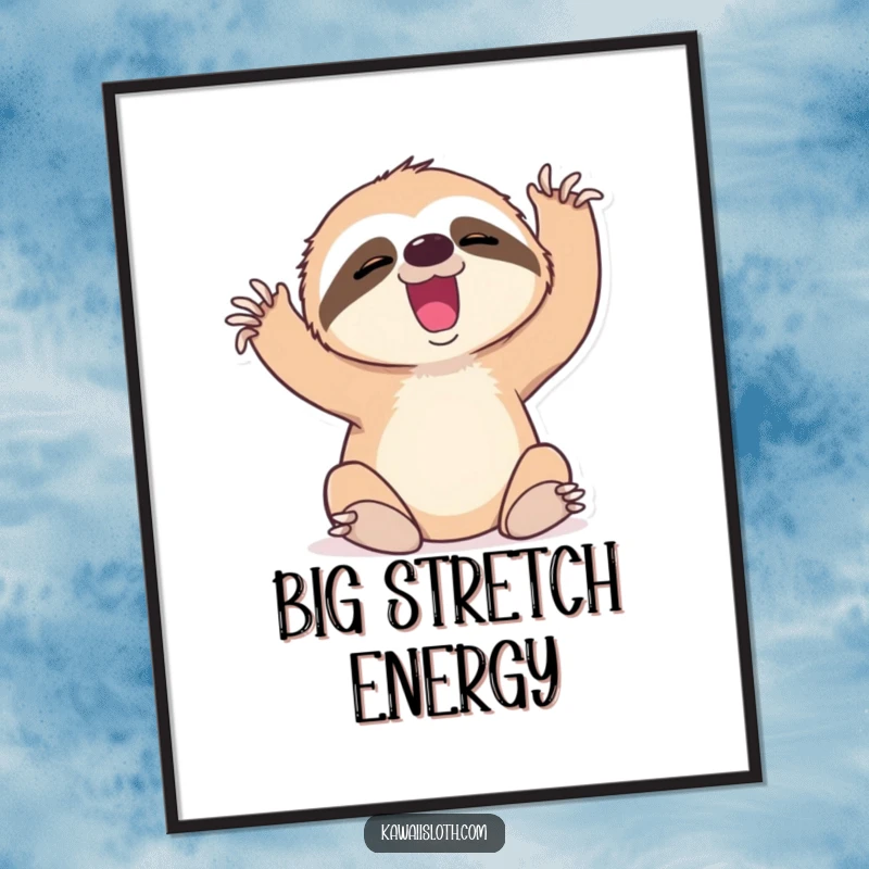 Funny digital art print of a sloth yawning and stretching its limbs, ideal for instant humorous decor.