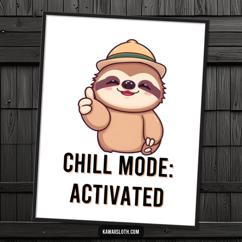 Funny digital art print of a lazy sloth wearing a small hat, giving a relaxed thumbs up, perfect for instant wall decor.